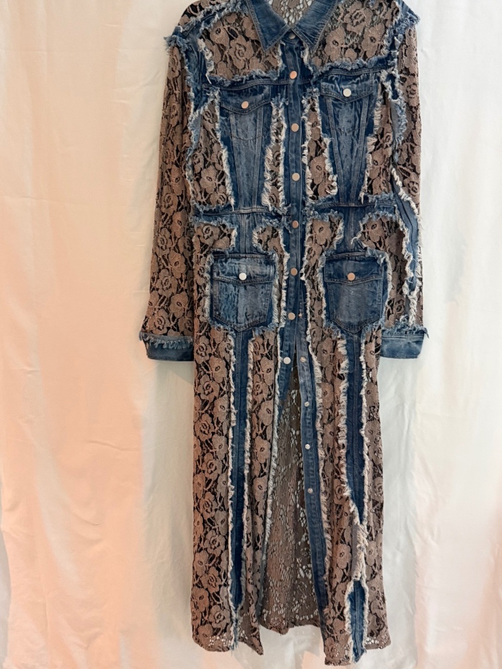 ADORE Denim Floral Lace Long Duster Jacket Distressed Boho XL